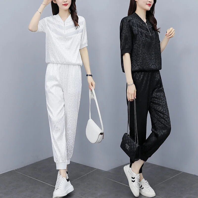 New Summer Women Sport Suit Korean Loose Temperament Short Sleeve Tops + Pants Two Piece Set Sportswear Outfit Ladies 2PCS