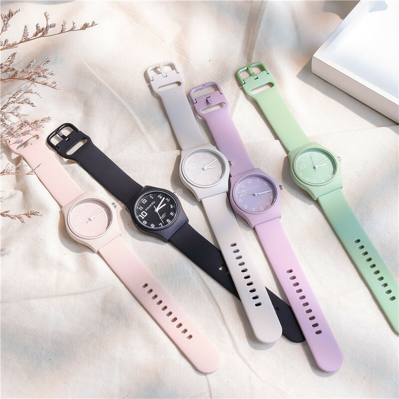 Jam tangan wanita Quartz tali silikon berwarna permen jam tangan skala Digital Fashion kasual jam tangan wanita Montre Femme Relogios Feminino