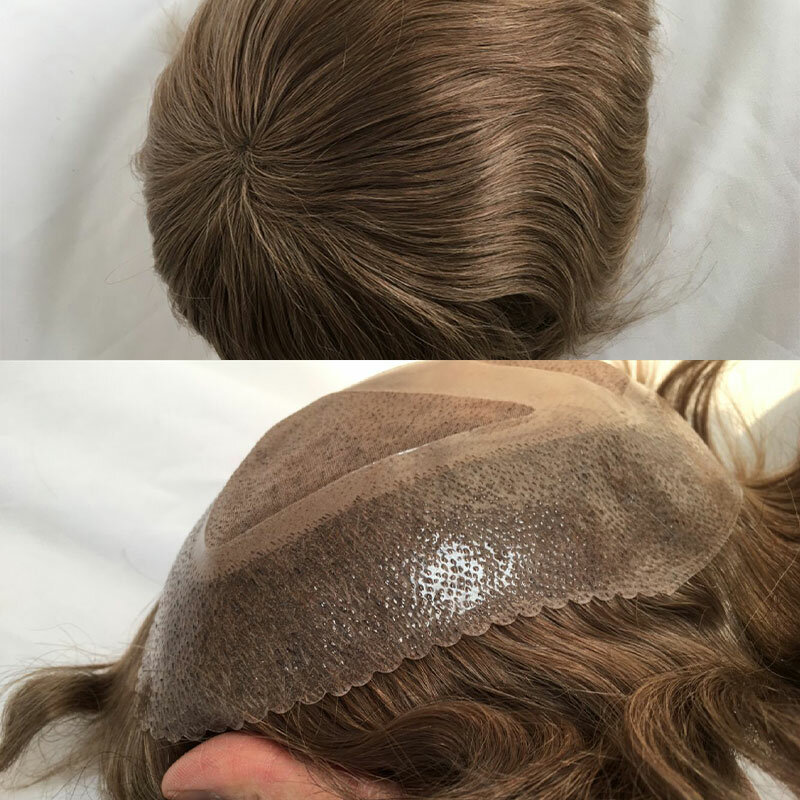 Tupé de cabello humano para hombres, y Mono piel fina, sistema de reemplazo de postizo superior de encaje, pelucas marrones oscuras, sistema de cabello Tsingtaowigs