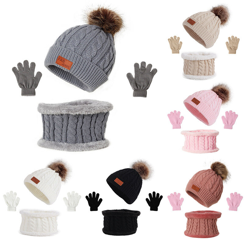 Комплект из 3 предметов, детская зимняя шапка с помпоном, детская шапка, вязаная Милая теплая шапка, шарф и перчатки, костюм для девочек и мальчиков, повседневная однотонная шапка для младенцев