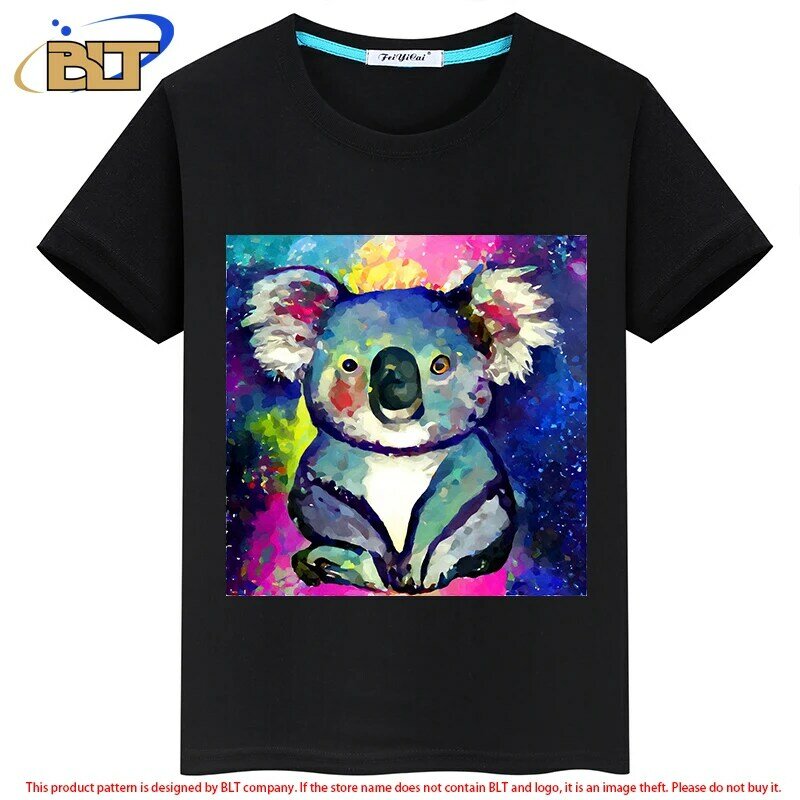 T-shirt à Manches Courtes Imprimé Koala pour Enfant, Vêtement d'Été, Classique, Noir, Adapté aux Garçons et Bol, Nouveauté