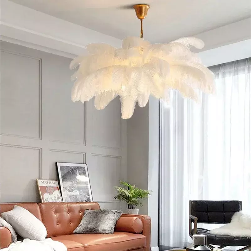 โคมไฟระย้า LED ขนนกกระจอกเทศสไตล์นอร์ดิกโคมไฟขนนกสำหรับห้องนั่งเล่นโคมไฟห้องนอนการตกแต่งบ้านในร่มโคมไฟแขวนเพดาน
