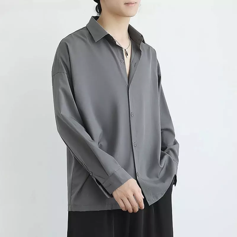 Camisas de moda coreana para hombre, camisa de seda de hielo gris de lujo, manga larga, botones casuales sueltos, Primavera, nuevo
