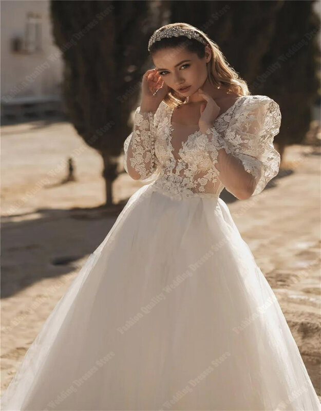 Simple Style Fluffy Sleeves Women Wedding Dresses Formal Design Floor Mopping Bridal Gowns Solid Color Princess Vestidos De Novi