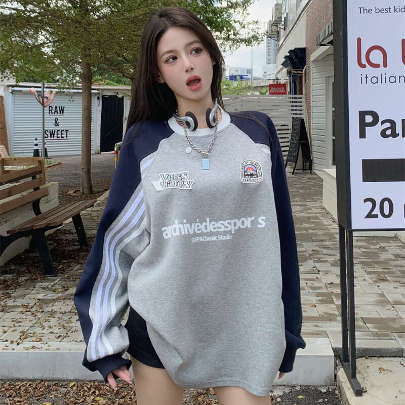 American Sweatshirts Women Color Collision Striped O-neck Letter Printed Loose Hoodie Autumn Fashion High Street Pullover Female