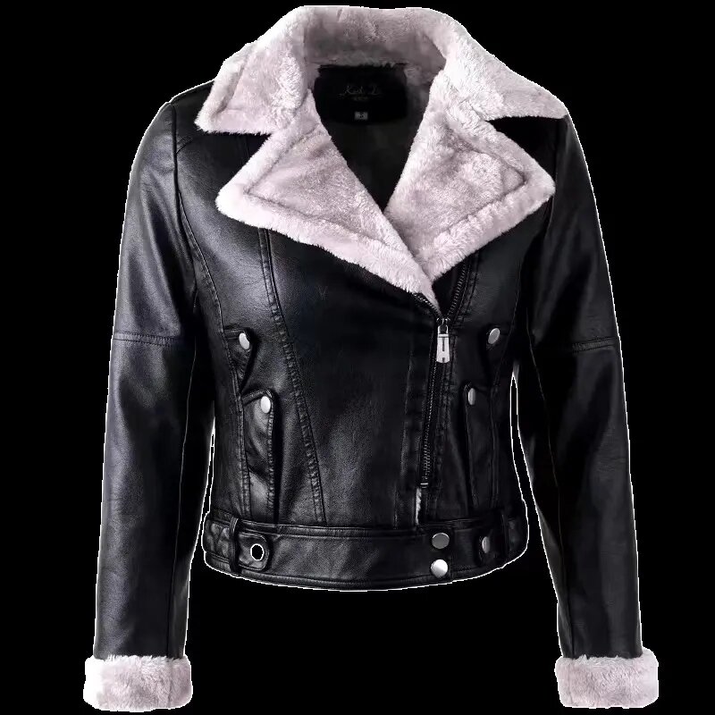 2024 New Autumn and Winter Black Fur Integrated Leather Coat for Women's Slim Fit Warm Leather Jacket Motorcycle Coat 4XL
