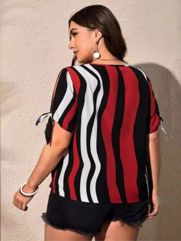 Plus Size Striped Print Pullover Summer Tops Women Short Sleeve Bow Fashion Casual Ladies Blouses Loose Pleated Woman Tops