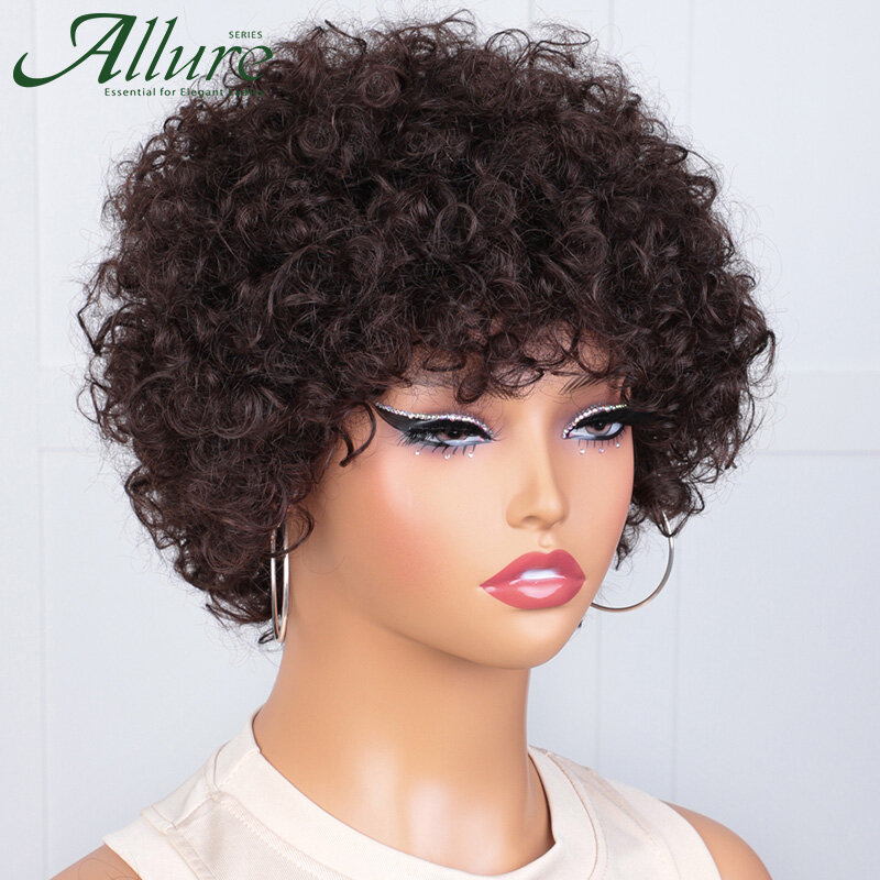 Kurze braune lockige Bob Echthaar Perücken schwarze Frauen Afro Hüpfburg lockige Perücke natürliche brasilia nische Haare tragen, um leimlose Perücken Allure zu gehen