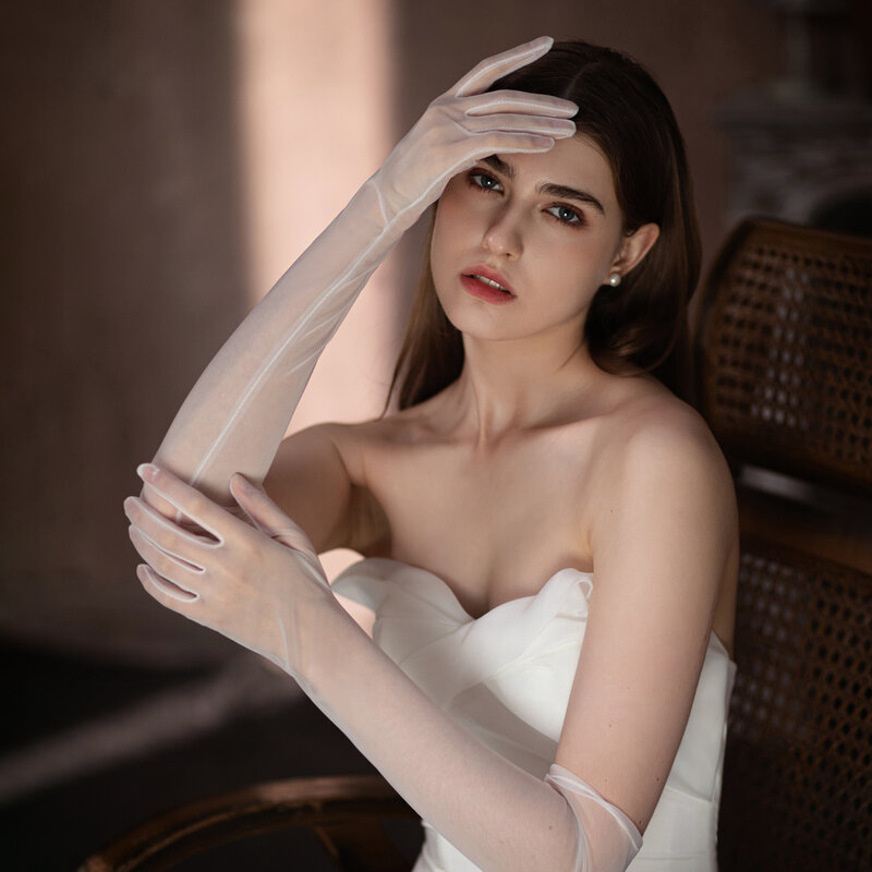 WG099 eleganti guanti da sposa da sposa morbido Tulle bianco lungo spose guanti da damigella d'onore per le donne Pageant eseguire feste di ballo