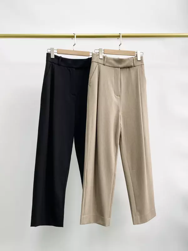 กางเกงขายาวเอวสูงมีซิป celana setelan สำหรับผู้หญิงกางเกงทำงานผ้าวูลจับจีบทรงตรงสำหรับฤดูใบไม้ร่วงและฤดูหนาว