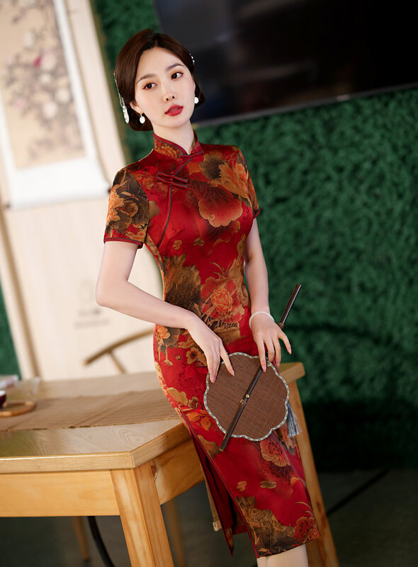 Verão de manga curta longa Cheongsam chinês tradicional roupas mulheres cetim estampa floral vestido qipao