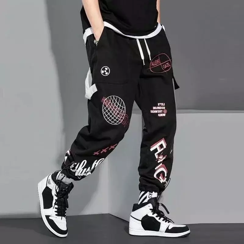 Брюки-карго мужские с граффити, летние Черные Мешковатые штаны в стиле хип-хоп, эмо, хлопковые уличные Слаксы в стиле Харадзюку, большие размеры, Y2k
