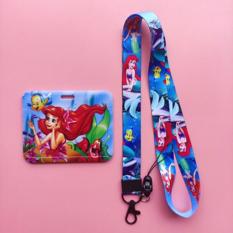Disney Princess Ariel ที่ใส่บัตรประชาชน Lanyard Mermaid ผู้หญิงคอสายคล้องบัตรเครดิตกรณี Badge หญิงผู้ถือคลิปพับเก็บได้