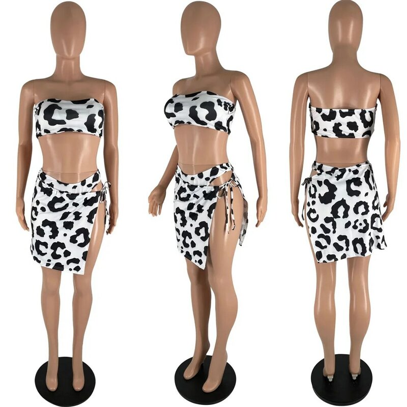 SKMY Fashion Sexy Cow Print Bikini Swimsuit Three Piece Set Women 2022 Summer Beach Outfits Crop Top Shorts And Mini Skirts