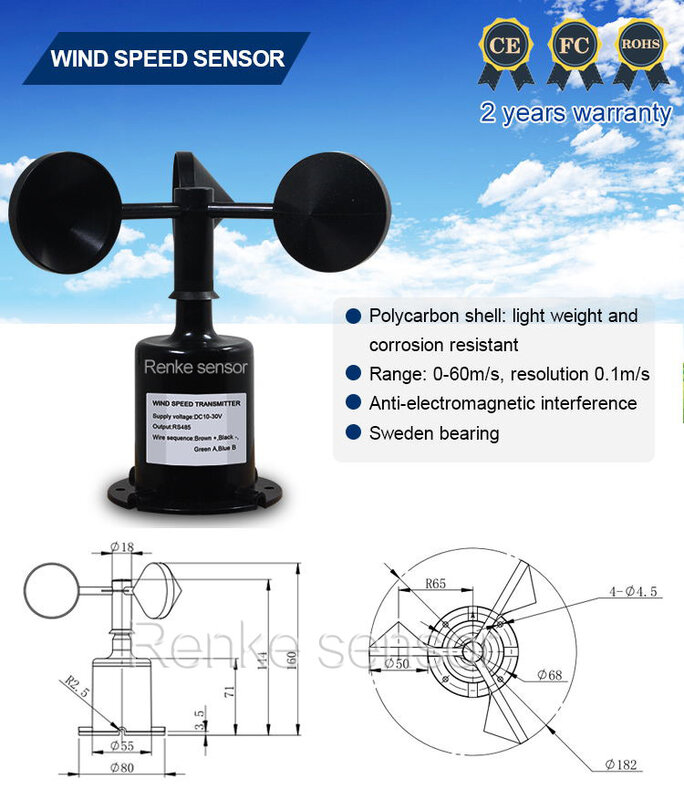 CE Digital Wind Cup Anemômetro, Faixa 0 a 60 m/s, Medidor De Velocidade Do Vento