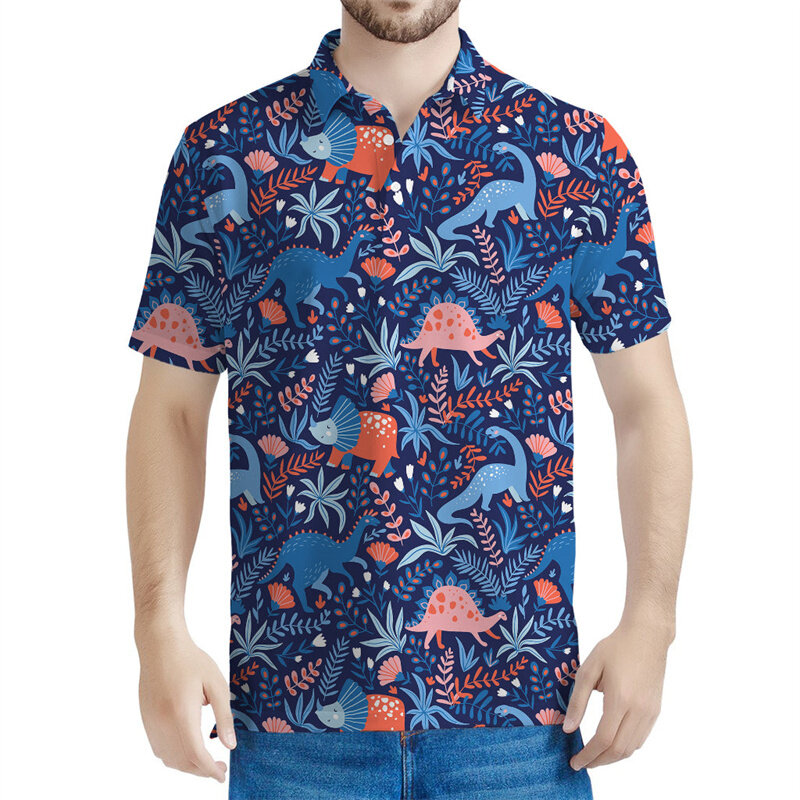 남성용 만화 티라노사우루스 패턴 폴로 셔츠, 3D 프린트 공룡 티셔츠, 어린이 여름 스트리트웨어, 반팔 상의, 티셔츠