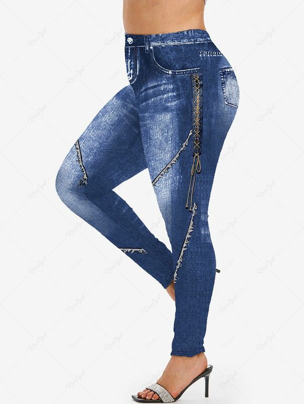 Conjunto de correspondência casual diário feminino, bolso jeans 3D, botões com renda, estampa ombre rasgada, camiseta ou leggings de mangas compridas