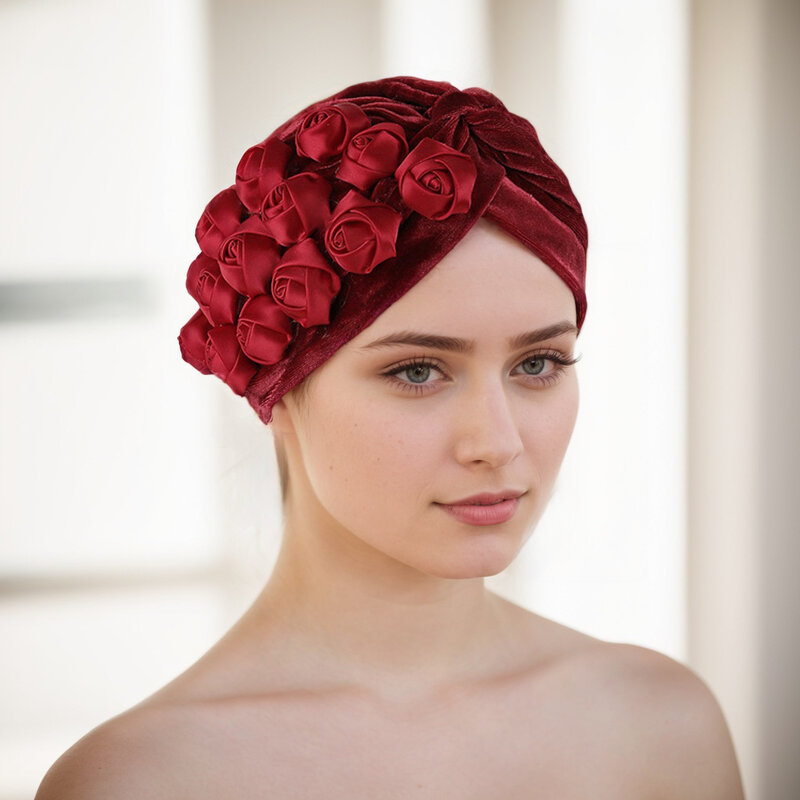 Rose flores veludo turbante bonés para mulheres, muçulmano headwear, islâmico lenço, gorro, feminino cabeça wraps, perda de cabelo, Chemo Cap, bandana