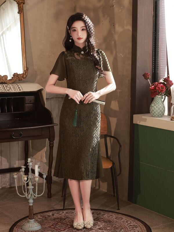 Chinesischen Traditionellen Elegant Verbesserte Schwarz Spitze Qipao Sommer Vintage Frauen Kurzarm Cheongsam