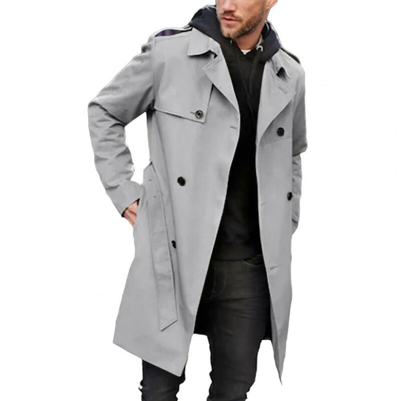 남성용 단색 바람막이 라펠 긴팔 더블 브레스트 포켓 벨트, 슬림핏 롱 코트 아우터, 가을 겨울