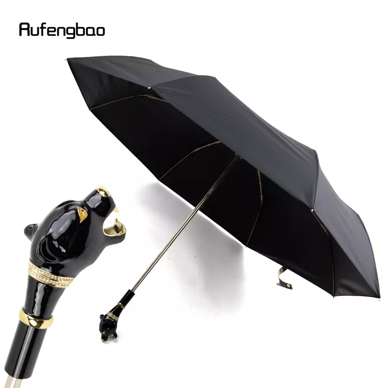 Zwarte Luipaard Handvat Dames Heren Paraplu, Automatische Paraplu, Opvouwbare UV-Bescherming Zonnige En Regenachtige Dagen Winddichte Paraplu