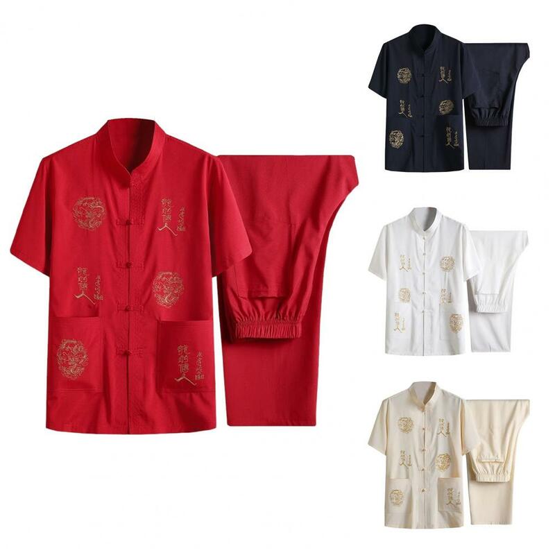 ชุดชุดจีนจีนสูทสไตล์จีนย้อนยุคสำหรับผู้ชายเสื้อเชิ้ตคอตั้งชายวัยกลางคนปักกางเกงขาม้าเสื้อ