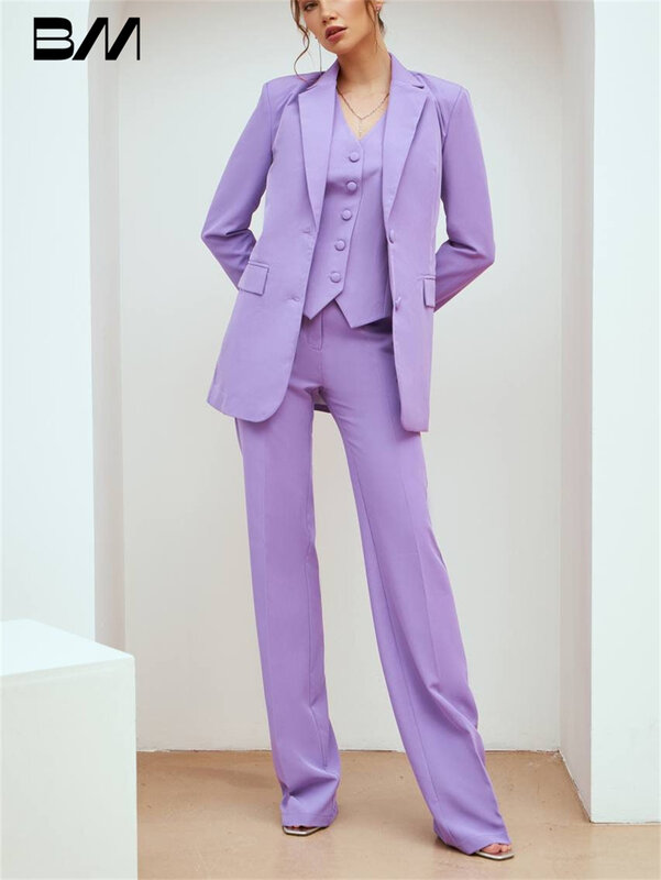 Pantsuit tamanho grande de 3 peças para mulheres, smoking sólido, terno de escritório, roupa formal, colete blazer e calças lilás para o baile de formatura