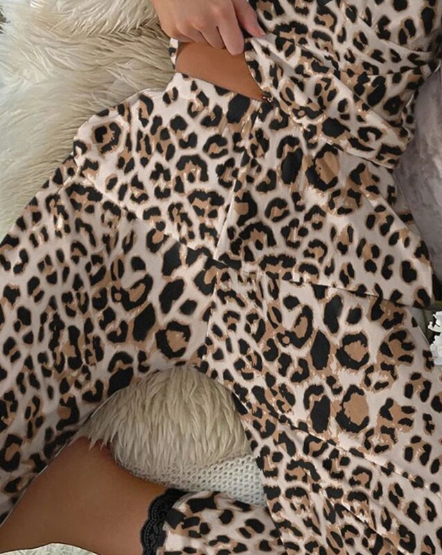 Conjunto cami estampa de leopardo feminino, calça casual, roupa de noite, nova moda, verão