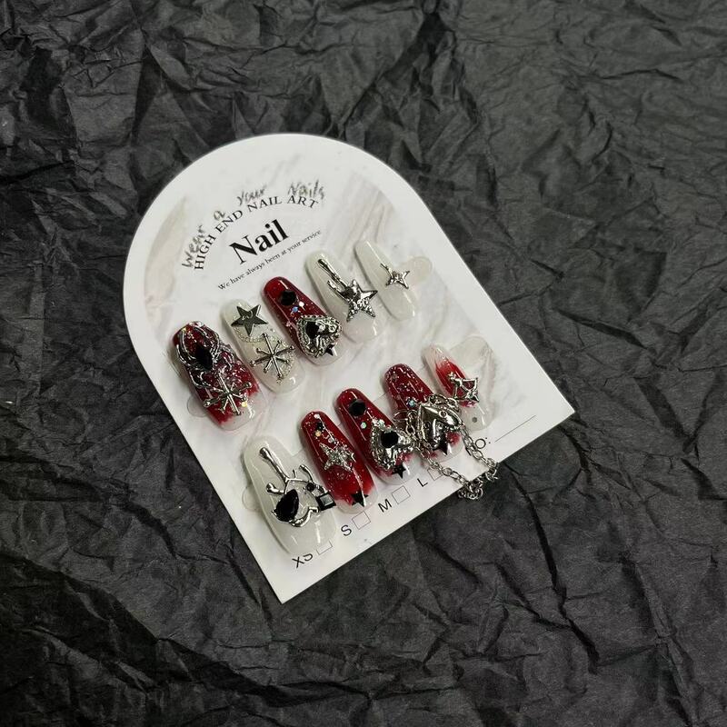 10 pezzi fatti a mano di lusso rosso Goth indossabile stampa sulle unghie y2k ragazza piccante Patch Design copertura completa lunga bara punte acriliche per unghie