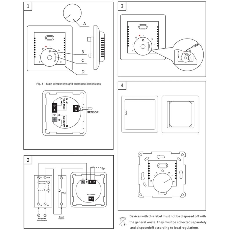 LXAF 16A Regulowany termostat mechaniczny Uniwersalny termostat do elektrycznego ogrzewania podłogowego