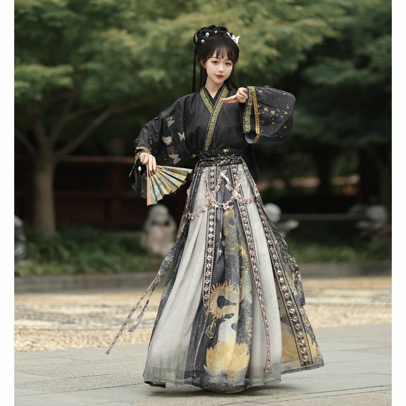 Женский костюм в китайском стиле Hanfu Wei Jin, традиционная китайская юбка с воротником, юбка на талию, повседневный костюм для осени и зимы