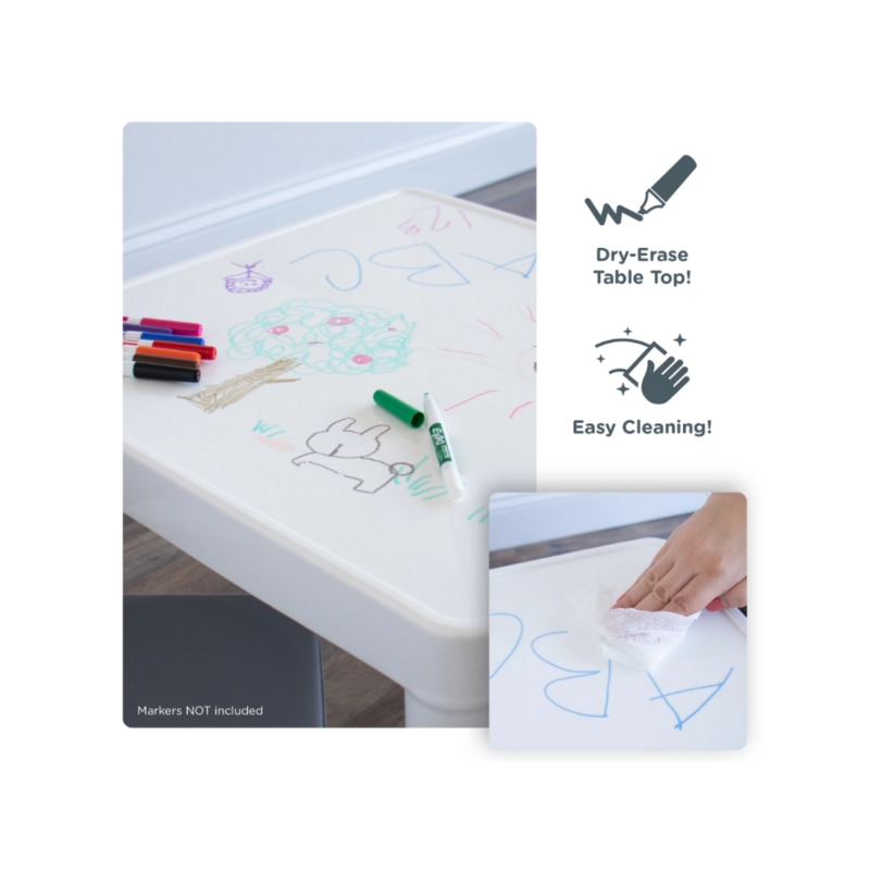 Kids Dry Erase Plastic 3 Piece Table and 2 Chairs Set, White/Gray