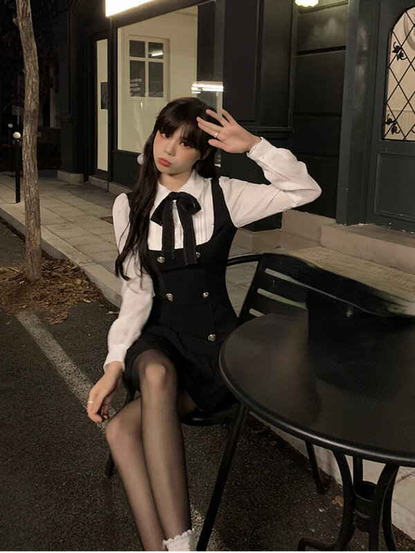 2022 autunno falso due vestito donna Slim Chic manica lunga fiocco Casual Y2k Mini abito femminile moda coreana elegante abito corto da festa