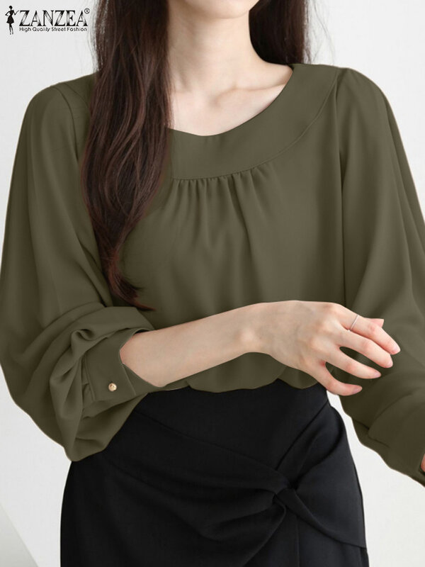 Zanzea blusas de manga comprida com gola redonda feminina, blusas de deslocamento, camisas plissadas elegantes casuais OL, túnica de cor sólida, primavera 2022