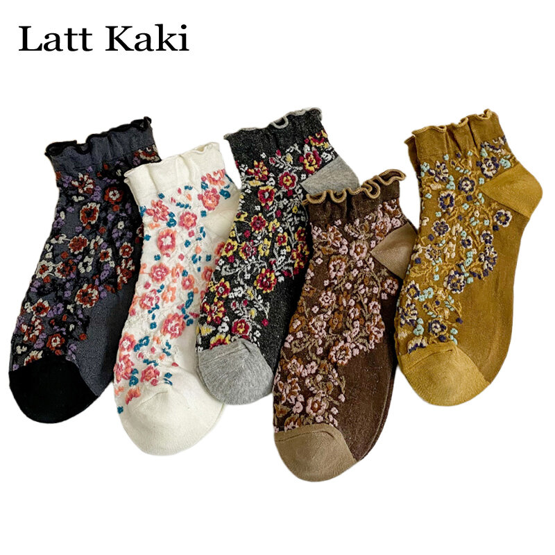 5 Paar Socken für Frauen kurze Retro Blumen mode Baumwolle absorbieren Schweiß lässig Mädchen Söckchen Set weiche Rüschen Rüschen Socken Dame