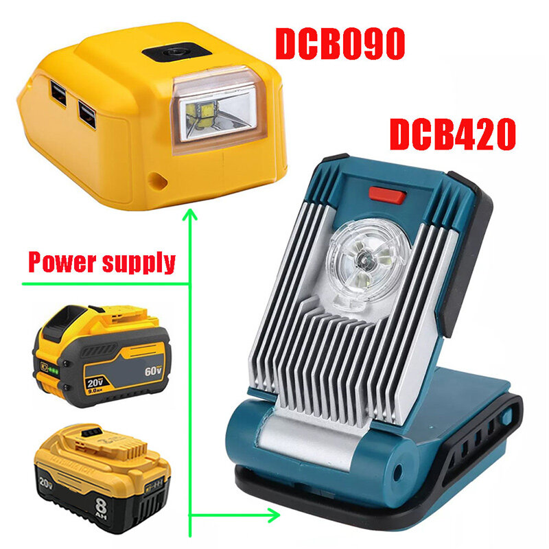 Адаптер DCB090, светодиодный светильник, рабочий светильник, USB, зарядное устройство, постоянный ток 12 В для Dewalt, литий-ионный аккумулятор 14,4 В, 18 в, DCB140, DCB183, DCB203