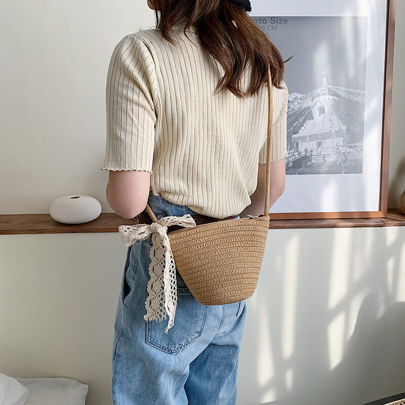HOCODO-Bolso pequeño de paja tejido a mano para mujer, bolsa de hombro con lazo de encaje, bandolera de playa
