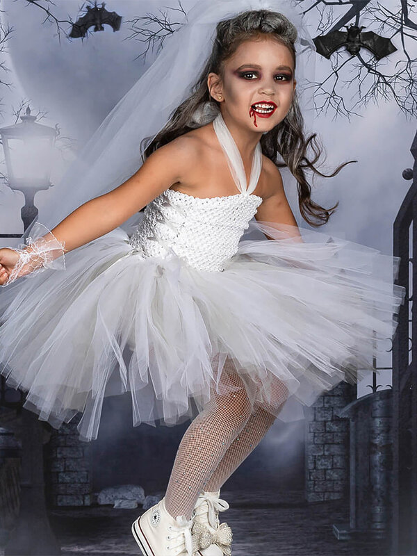 Children's Zombie Clothing Girl's Ghost Bride White Wedding Dress Halloween Vampire Girl Poncho Cosplay Costume