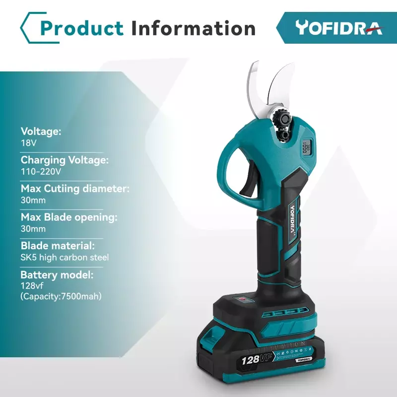 YOFIDRA 브러시리스 전기 전정 가위, 무선 효율적인 과일 나무 분재 정원 전동 공구, 마키타 18V 배터리용, 30mm