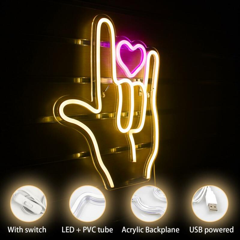 Finger Heart Neon Sign Creative Gesture LED Light Art Room Decoration For Party Bar Wedding Bedroom Festival Hanging Wall Lamp