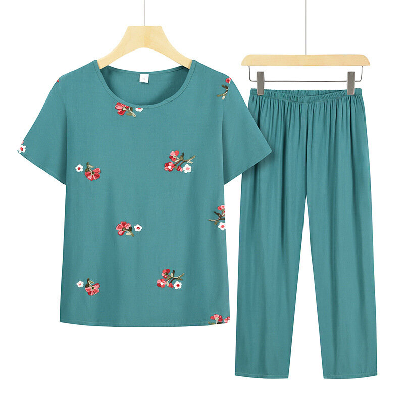 Summer Two Piece Set Grandma Suit Short Sleeve Trousers Sets Round Collar Sleepwear Women's Cool Pijama Feminino Outside Wear