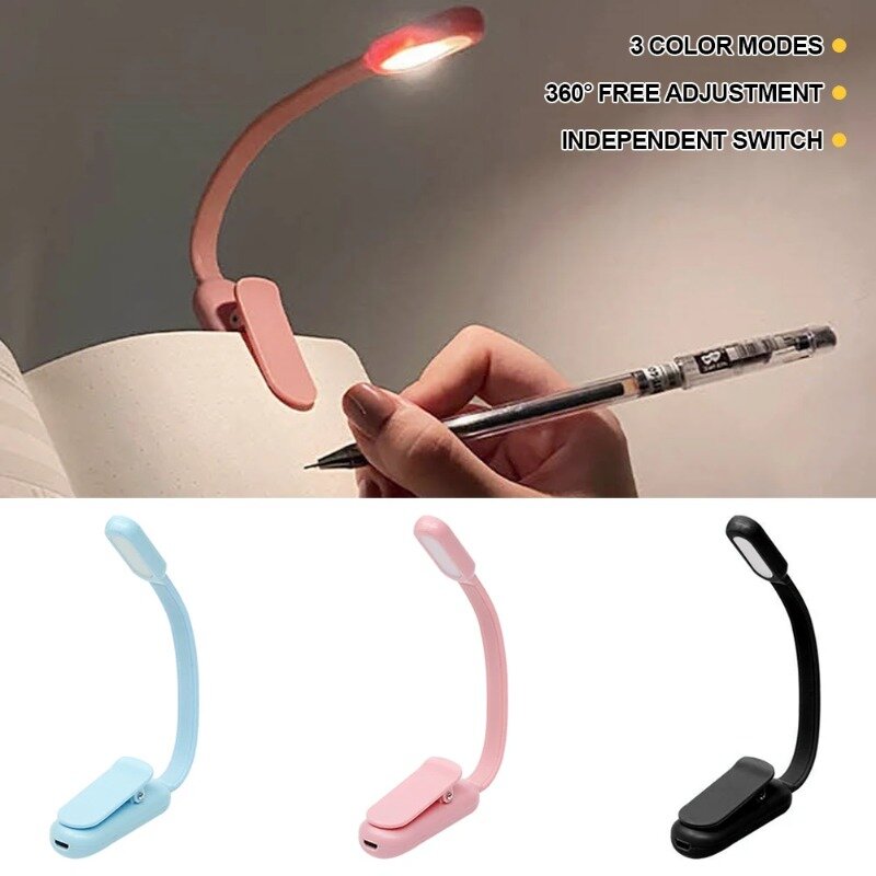 Mini LED Book Night 3 Brightness Adjustable USB Rechargeable Clip-On Study Reading Lamp for Travel Bedroom Dormitory Reading