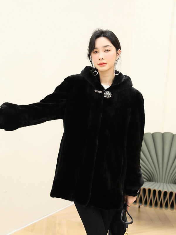 AYUNSUE 2023 Natural Whole Mink Fur Coat Women's Hooded Wave Tail Mid length Winter Jacket Women Slim Fit fur jackets