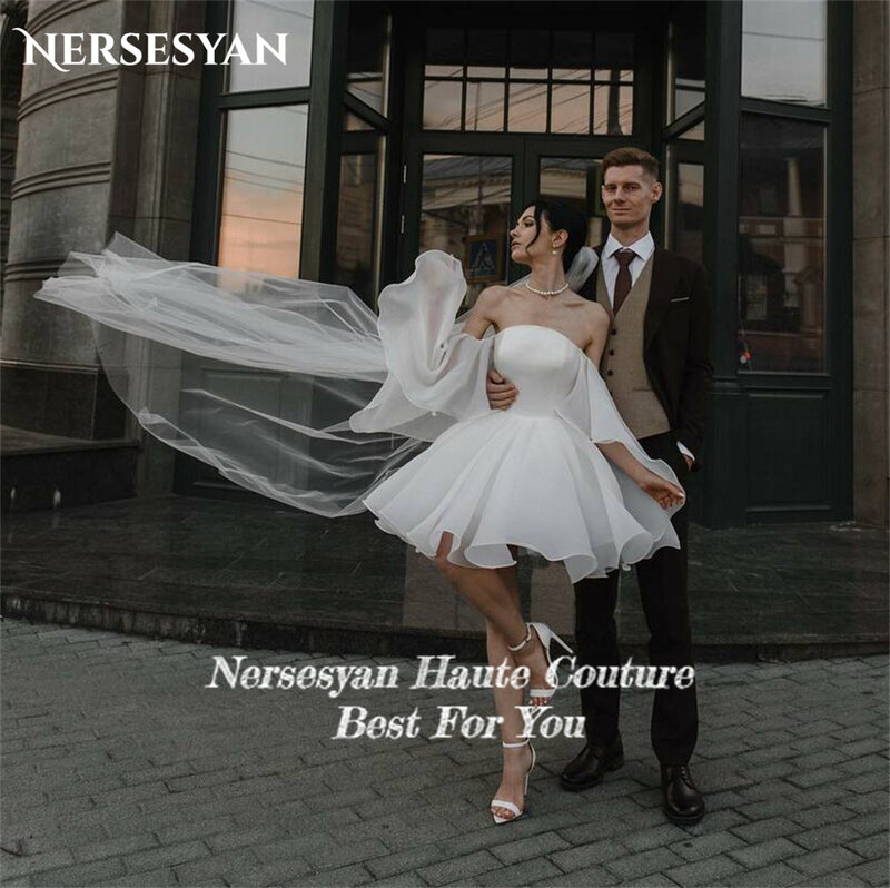 Nersesyan vestidos de novia elegantes de gasa, minivestido de novia sin hombros, Mangas de Ángel, línea A, Espalda descubierta, sin tirantes