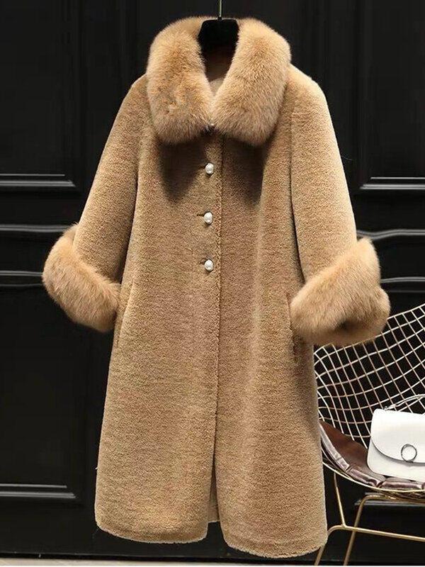 Abrigo largo de piel sintética de visón para mujer, chaqueta de lana de oveja con cuello de piel de zorro Artificial, elegante, para primavera y otoño, 2024