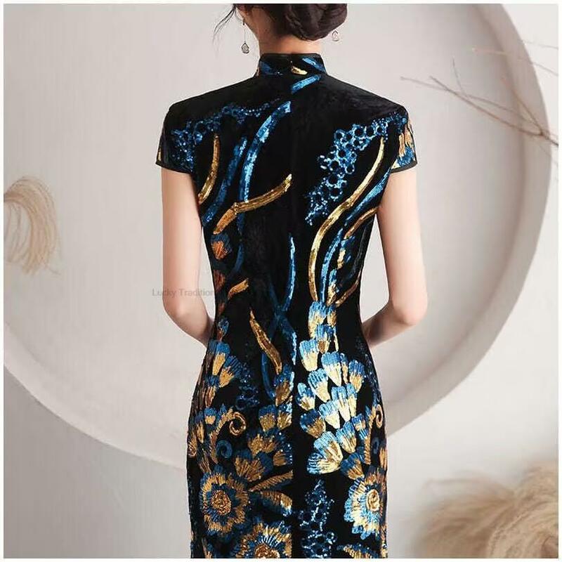 女性のためのスパンコールのある中国のイブニングドレス,タイトなベルベットのドレス,エレガントなパーティードレス,半袖