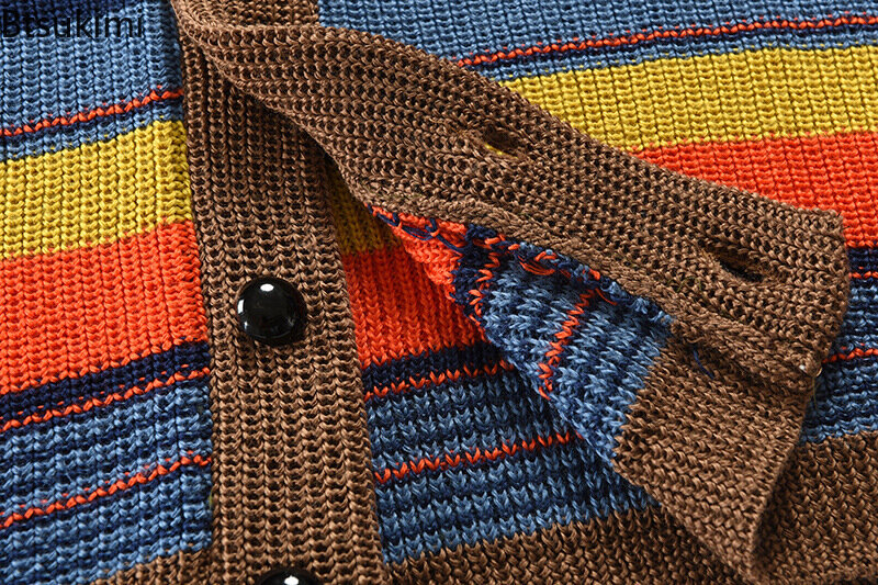 Spring Autumn New Men's Lapel Cardigan Sweaters Fashion Slim Knitwear Tops Patchwork Contrast Casual Knit Sweater Coats for Men