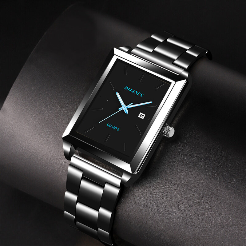 Men's Fashion Watches for Men Rectangle Stainless Steel Quartz Wrist Watch Luminous Man Casual Leather Watch relogio masculino