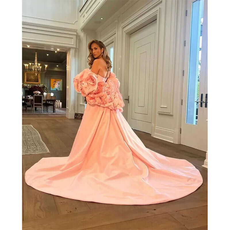 Vestido de noche largo de sirena rosa para mujer, vestido de celebridad con capa de flores hechas a mano, vestido de satén de 2 piezas para ocasiones especiales