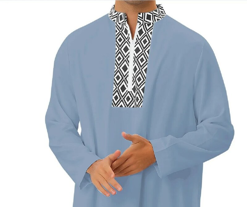 Muslimische Mode Männer Langarm V-Ausschnitt schwarz grau rot Polyester Druck Jubba Thobe muslimische Männer Kleidung muslimische Abaya